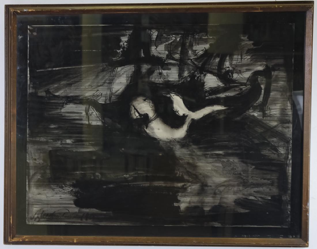 Joachim Probst 1913-1980 American Abstract Drawing: Joachim Probst (1913 - 1980) New York, United States. Original mixed media drawing on paper. Title: "Moby Dick" Artwork depicts a black and white abstract image of the classic story of Moby Dick. Sign