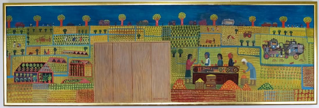 Tamas Galambos 1939 Hungary Farm Scene Painting: Signed original oil on canvas painting by Tamas Galambos (1939- Hungary) Depicts a landscape with farms and figures with a romantic folk art like quality. His 1981 painting "Summer" is featured on the
