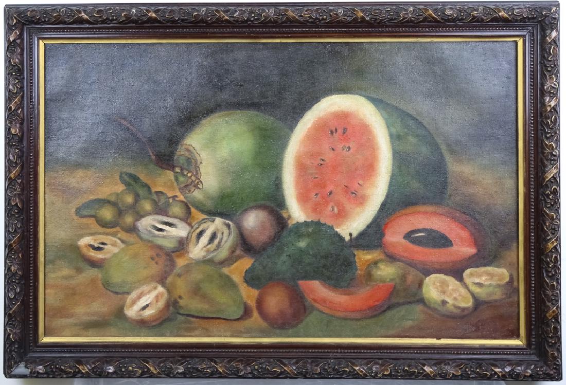 Juan Gil Garcia 1879-1932 Cuba Still Life Painting: Juan Gil Garcia (1879 - 1932) Cuba, oil on canvas still life painting. Depicts a bounty of fruit. Signed lower right. Sight measures 17 1/4" x 27". Housed in frame measuring 21 1/2" x 32". Good overal