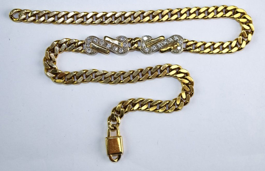 Chimento 18k Two Tone Gold & Diamond Necklace 53g: Vintage designer signed curn link choker necklace. Crafted of solid 18k gold with 18k white gold embellishments encrusted with 3/4 CT TW pave set diamonds. Measures 15" long and 9.25mm wide. Marked Ch
