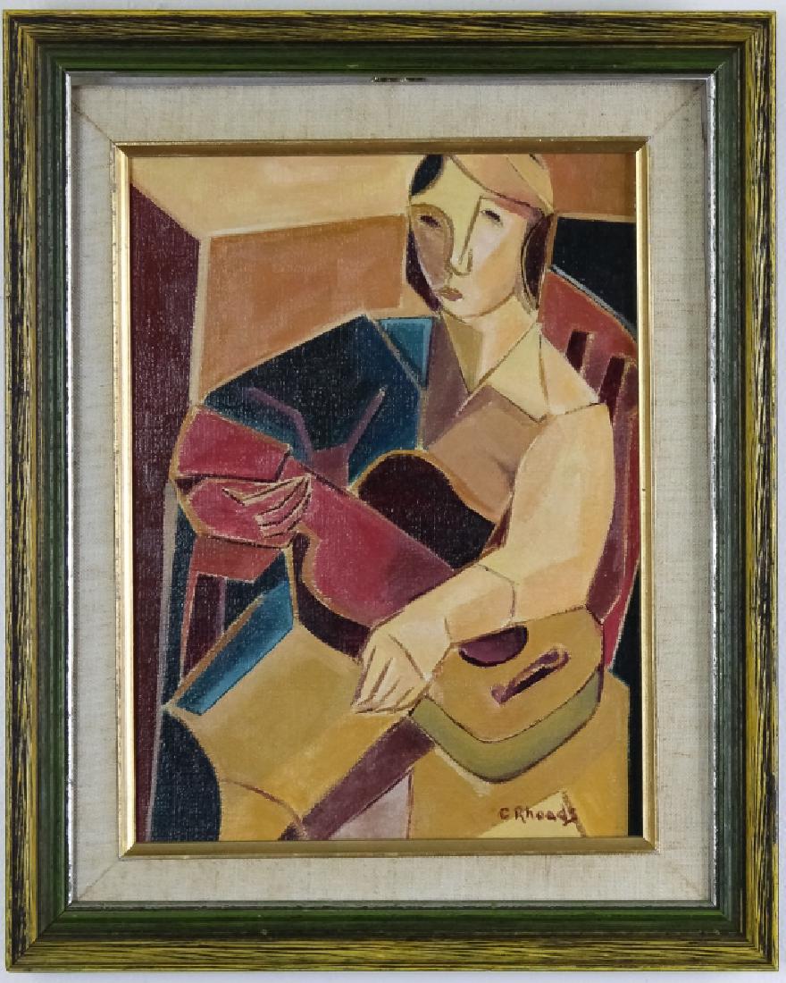 Rhodes Modern Cubist Abstract Musician Painting: C. Rhodes 20th Century modernist oil on canvas painting. Depicts the form of a person with a guitar. Signed lower right. Sight measures 11 1/2" x 8 1/2". Housed in frame measuring 15 1/2" x 12 3/4". G