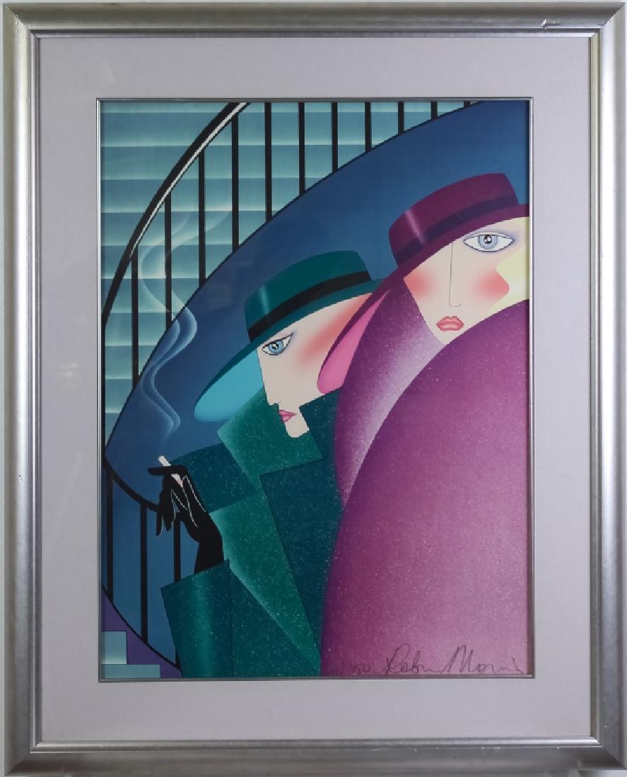 Robin Morris (b.1953) American Lithograph SIGNED: Robin Morris (born 1953) American limited edition lithograph. Depicts a Retro Deco scene with a pair of women near a staircase. Signed in pencil lower right and numbered 111/350. Sight measures 27" x