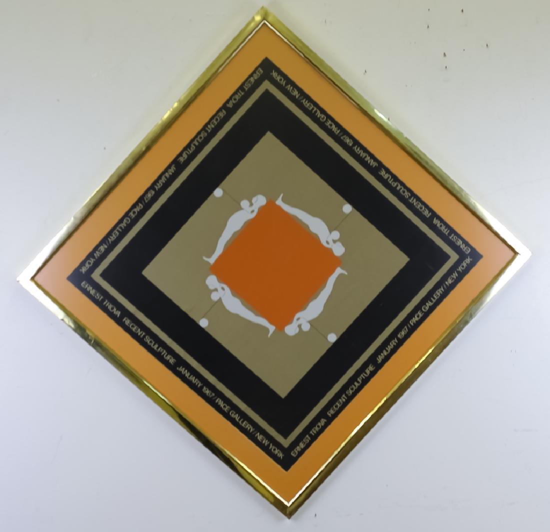 Ernest Trova 1927-2009 American Figural Serigraph: Ernest Trova (1927-2009) American Pace Gallery poster. Artwork depicts Trova's falling man around an orange block. Unsigned. Sight measures 24 1/2" x 24 1/2". Housed in frame measuring 30 1/2" x 30 1/
