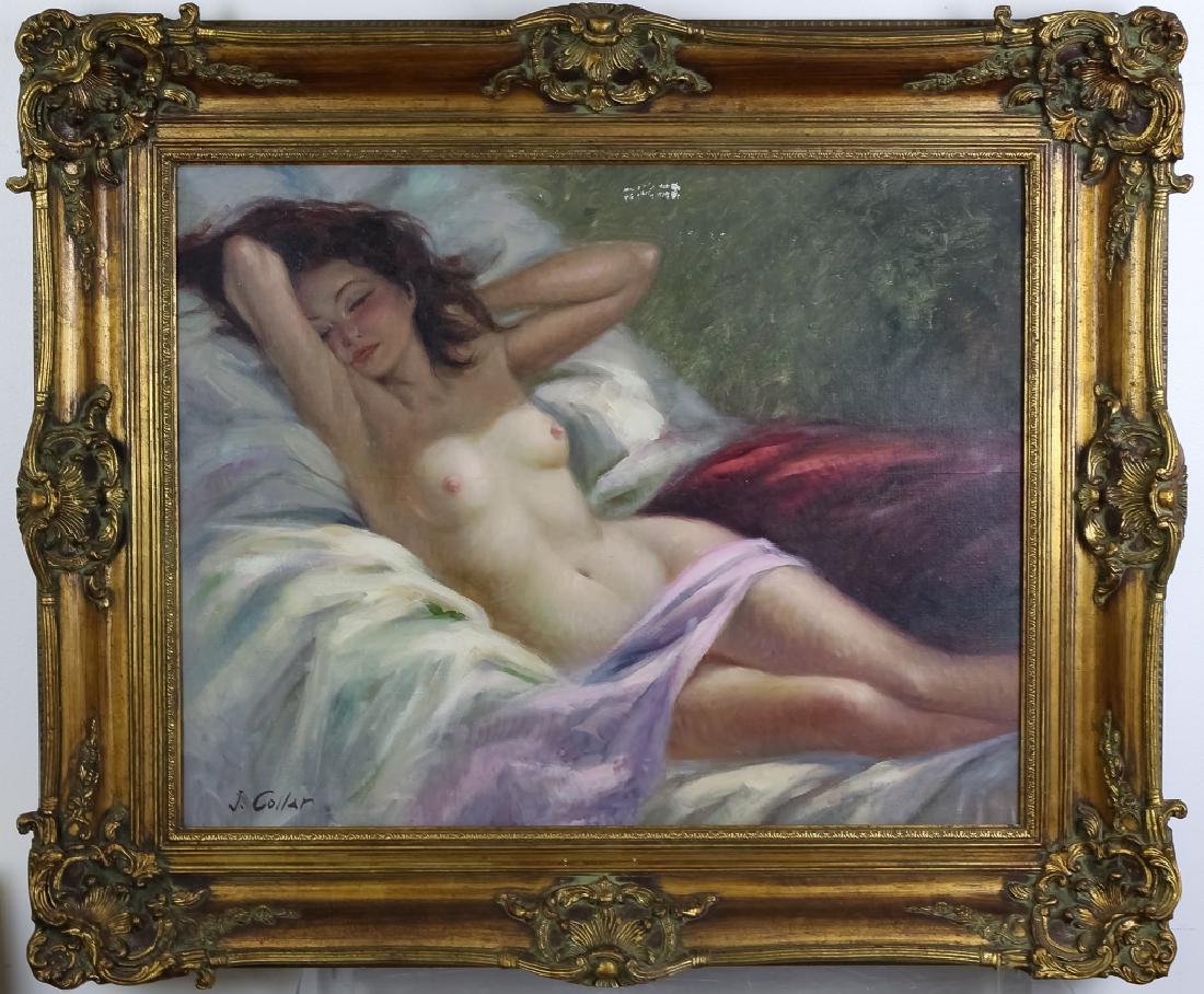 J Collar 20c French Female Nude Portrait Painting: Signed original oil on canvas female nude portrait painting by J. Collar (active mid 20th century France) Depicts a beautiful reclining female in the nude. Artist signed lower left. Work window measur