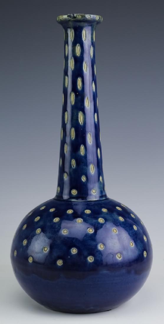 RARE Richard Riemerschmid Cobalt Art Pottery Vase: Richard Riemerschmid for Reinhold Merkelbach, Grenzhausen stoneware blue vase. Features a dotted neck and base on a cobalt blue ground. Measures 10 1/4" x 4 3/4". Impressed mark on base. Good overall