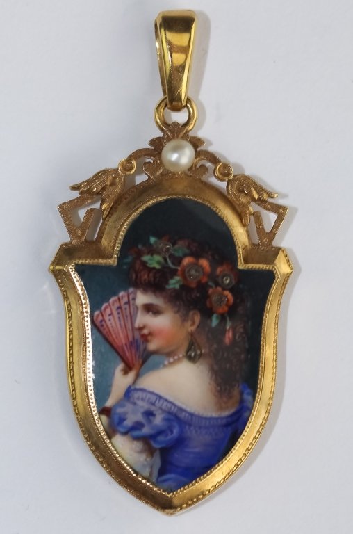Victorian 18k Enamel Woman Diamond Pendant Locket: Antique Victorian pendant locket. Crafted of 18k gold with the form featuring the enamel painted image of a woman with a fan, with rose cut diamond accents. Unmarked but tested 18k. Measures 2 1/4" x 