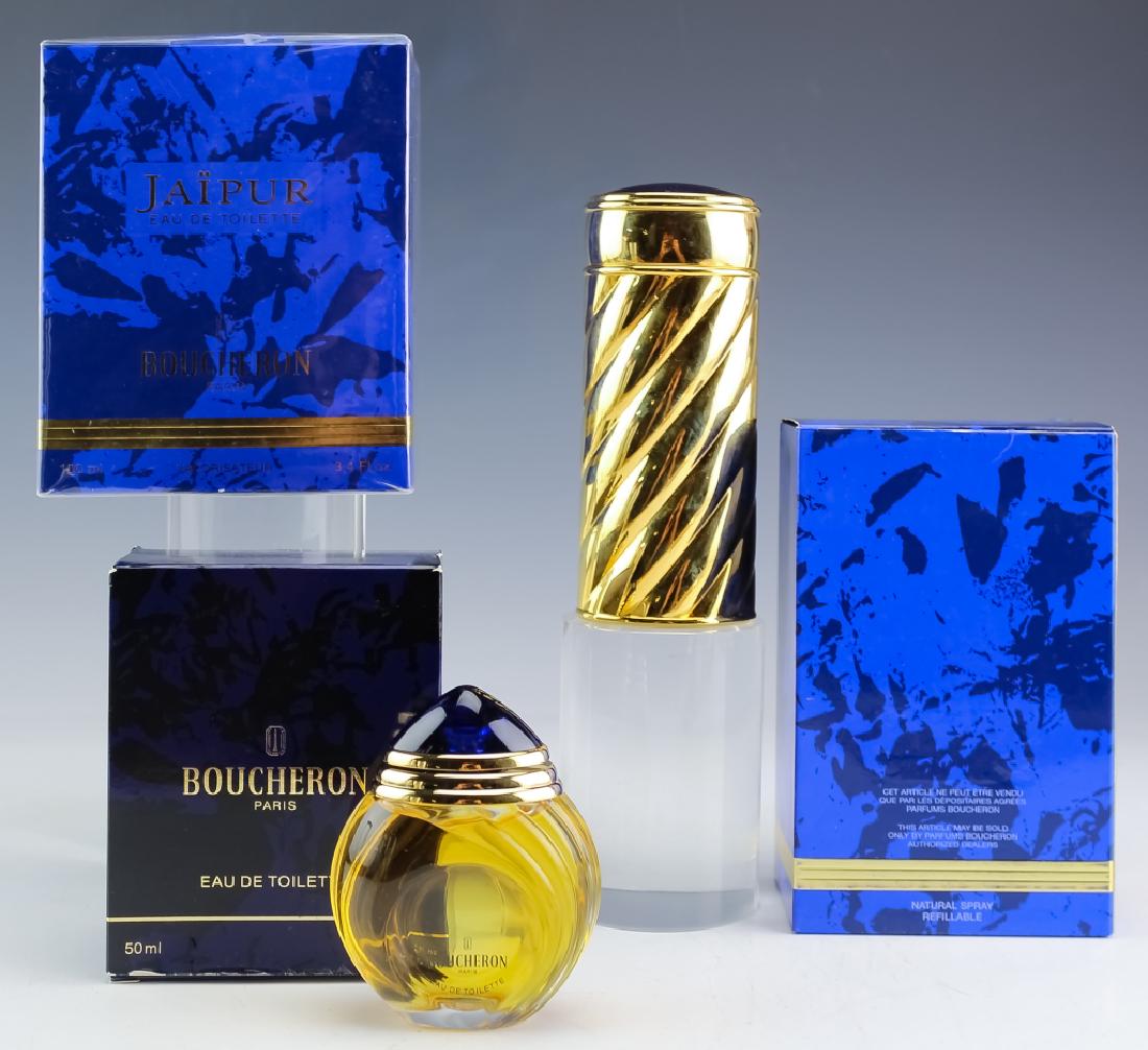 LOT VTG Boucheron Paris Jaipur Perfume Fragrances: Lot of Boucheron perfumes and fragrances. Features a 95% full bottle of Jaipur Eau de Parfum in its original box. Also comes with a 3.4oz bottle of the same fragrance in the eau de toilette form. The