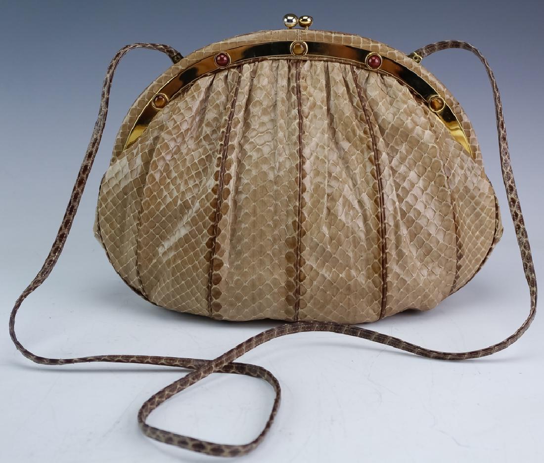 Judith Leiber Gemstone Tan Snakeskin Purse Handbag: Vintage Judith Leiber snakeskin bag. Features tan snakeskin leather gathered at the top and set in a gold plated metal, tension closure frame. The frame is embellished with natural cats eye and jasper