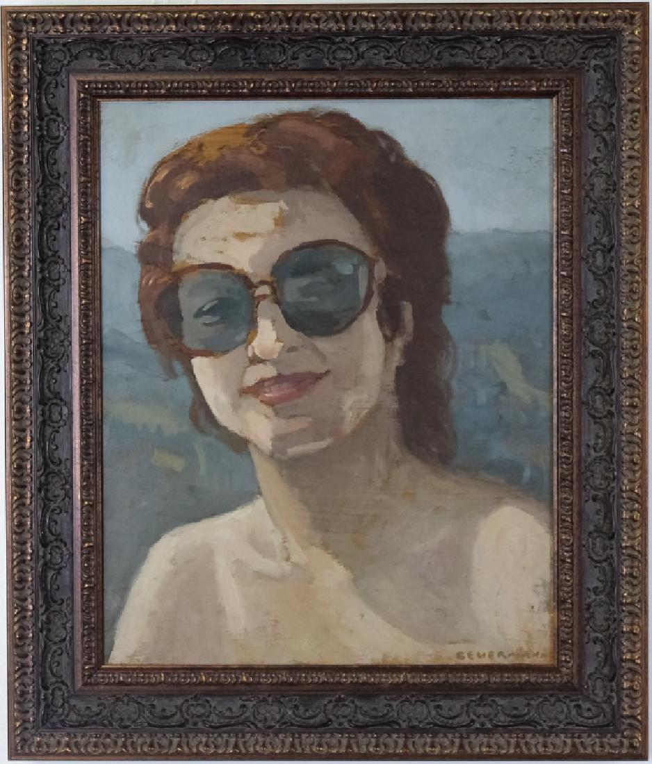Mystery Art Polish Impressionist Portrait Painting: Mystery artist signed portrait oil on board painting. Painted in the impressionist style. Artwork features the portrait of a lady wearing large sunglasses. Housed in a bronzed gilt frame. Artist signa