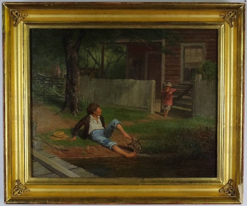 William Holbrook Beard American Oil Art Painting: Attributed to William Holbrook Beard (1824 - 1900) American. Original oil on canvas painting. Features the work titled; "Boy Fishing". Artwork depicts a whimsical scene of a boy by the riverbank with
