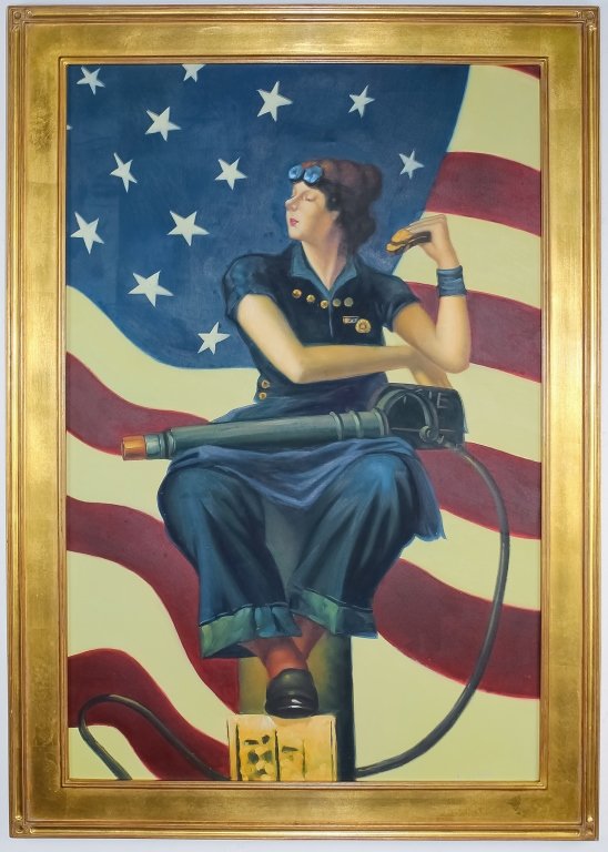 American US Military Female Patriotic Oil Painting: Mystery artist??? original oil on canvas painting. Artwork depicts a beautiful woman in a military uniform with a flame thrower on her lap and a sandwich in one hand, all on an American flag backgroun