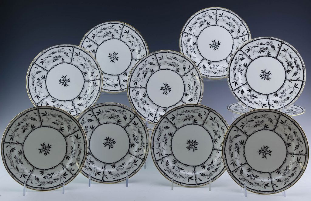 Tiffany & Co Hammersley Bamboo Black Salad Plates: Hammersley English bone china for Tiffany & Co. Salad plates. Features the pattern Bamboo Black and consists of black bamboo and flowers with a gilt rim. Comes with (12) 8 1/2" diameter salad plates.