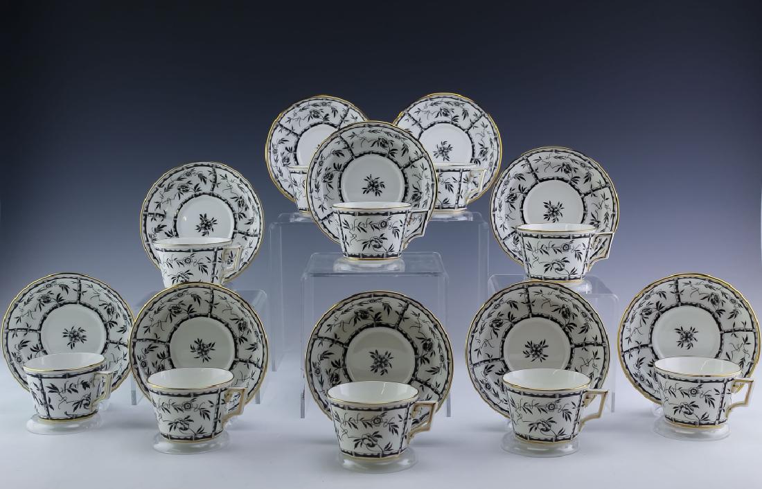 Tiffany & Co Hammersley Bamboo Black Teacup Saucer: Hammersley English bone china for Tiffany & Co. saucers and teacups. Features the pattern Bamboo Black and consists of black bamboo and flowers with a gilt rim. Comes with (10) 5 1/2" saucers, (10) 2