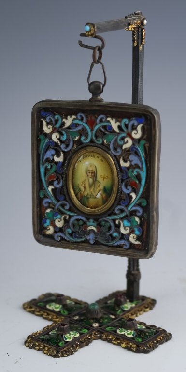 Russian 84 Silver Enameled Jeweled Icon w Stand (1 of 6)