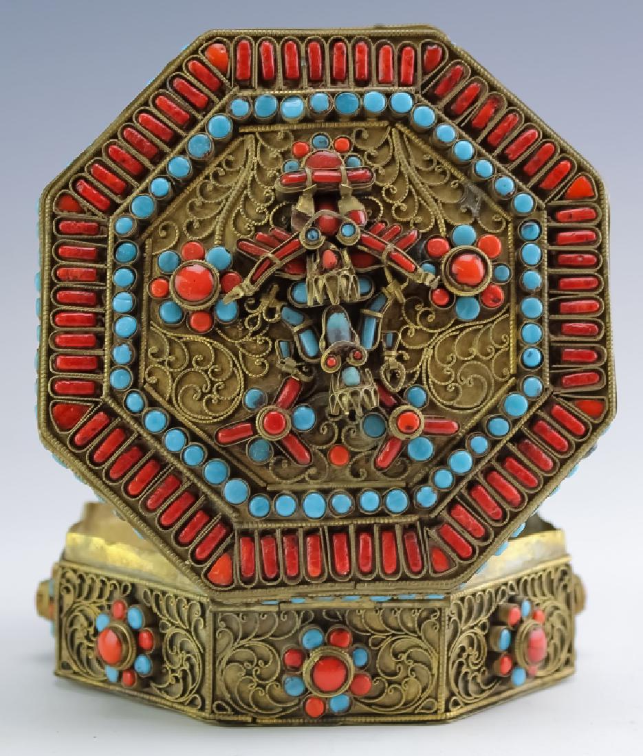 19th C. Nepalese Gilt Brass Bejeweled Lidded Box (1 of 9)
