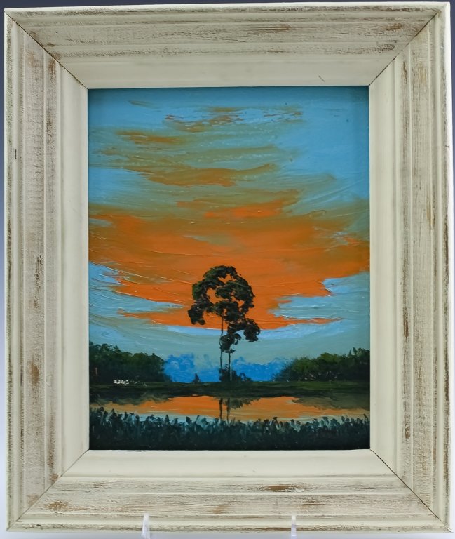Johnny Daniels Florida Highwaymen Sunset Painting: Johnny "Hook" Daniels (1954 - 2009) Florida, American. Guaranteed Authentic. Original Florida highwayman painting on masonite. Depicts a natural Florida landscape scene with a pair of trees in the cen