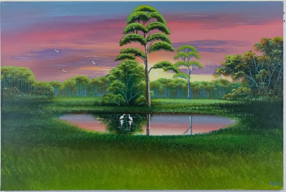 Al Black Florida Highwaymen Landscape Oil Painting: Al (Blood) Black (b1947) Florida, American. Guaranteed Authentic. Original Florida highwayman painting on canvas. Depicts a natural Florida everglades or marsh scene with pink tone sky and birds bathi