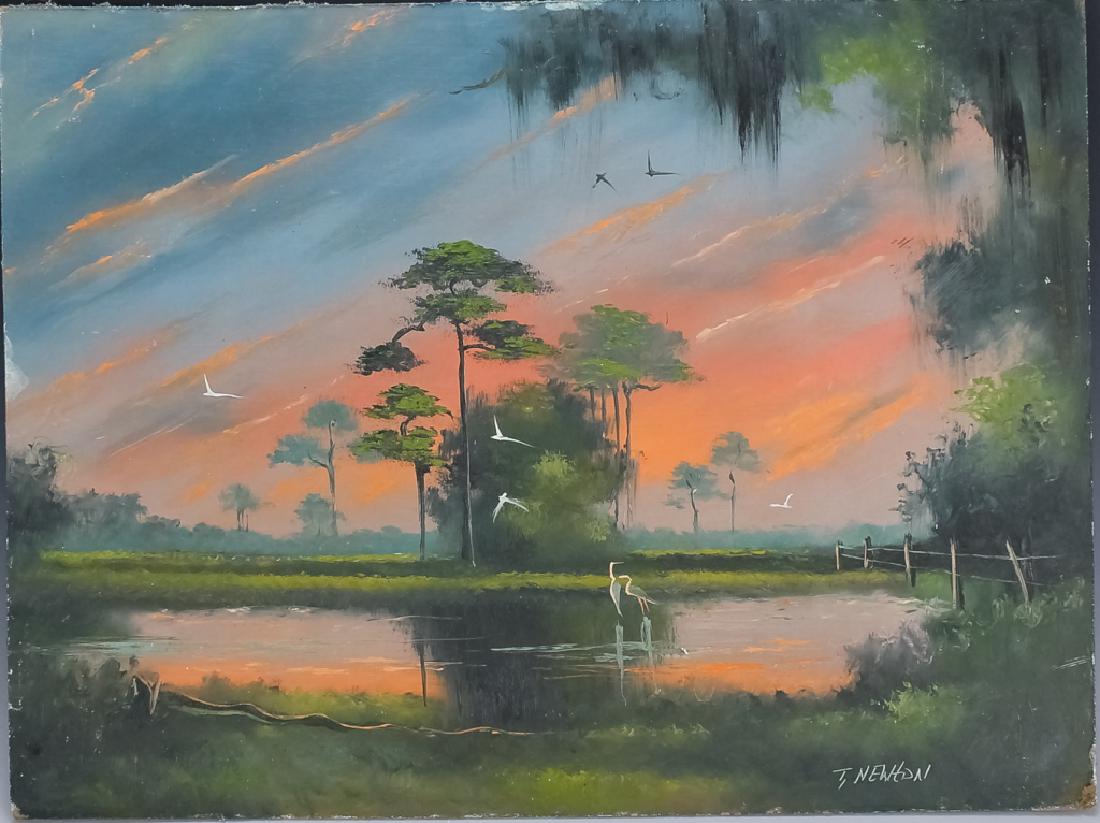 Tracy Newton Florida Highwaymen Landscape Painting: Florida highwayman painting. Son of Sam Newton and second generation Florida Highwayman painting on masonite by Tracy Newton. Depicts a lush Florida landscape at sunrise or sunset with birds flying ab