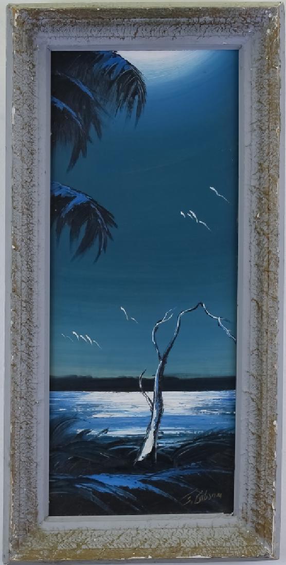 James Gibson Florida Highwaymen Landscape Painting: James Gibson (1938 - 2017) Florida, American. Guaranteed Authentic. Original Florida highwayman painting on board. Depicts a natural Florida evening waterside landscape scene. Signed lower right. Work