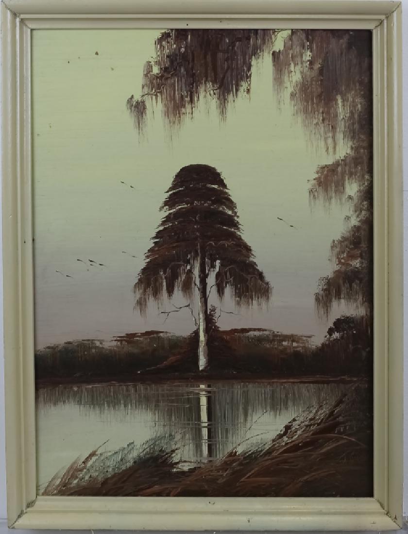 James Gibson Florida Highwaymen Landscape Painting: James Gibson (1938 - 2017) Florida, American. Guaranteed Authentic. Original Florida highwayman painting on board. Depicts a natural Florida waterside landscape scene with a large tree in the center w