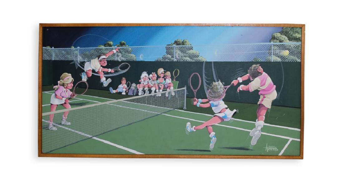 Huge Walt Disney Animator DON ACETO Oil Painting: Don Aceto (20th / 21st Century) American, oil on masonite painting. Depicts a whimsical and humorous scene depicting a group of tennis players. Signed lower right. Sight measures 35 1/4" x 71 1/4". Ho