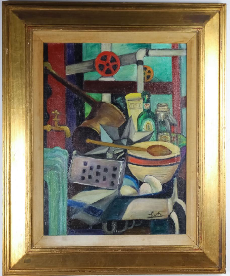 Ziuta Gerstenzang Akston 20c Still Life Painting: Signed original oil on canvas painting by Ziuta Gerstenzang Akston (20th Century American) Depicts a still life with kitchen sink overflowing with implements. Done in a mid century deco style. Artist 