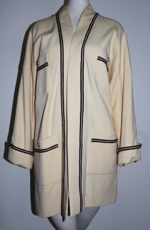 CHANEL Boutique Cream & Navy Blue Long Jacket Coat (1 of 6)