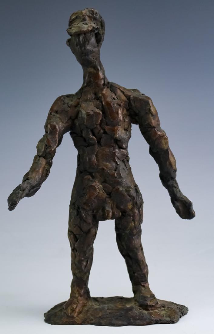 J James Akston American Modernist Bronze Sculpture: Vintage stylized male nude sculpture by J James Akston (1898-1983 New York / Florida / Poland) Statue crafted of cast bronze with a brown patina. Depicts a male nude figure wearing only a Train Engine