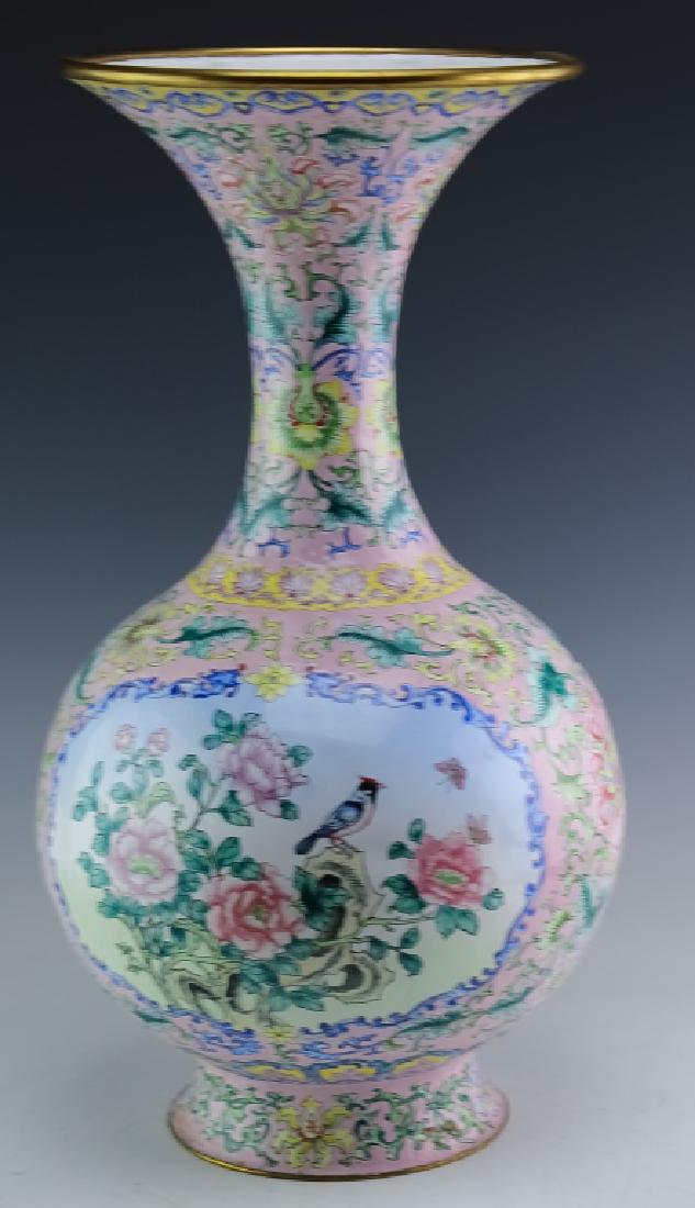 Old Chinese Enamel On Bronze Floral Bird 19" Vase (1 of 6)