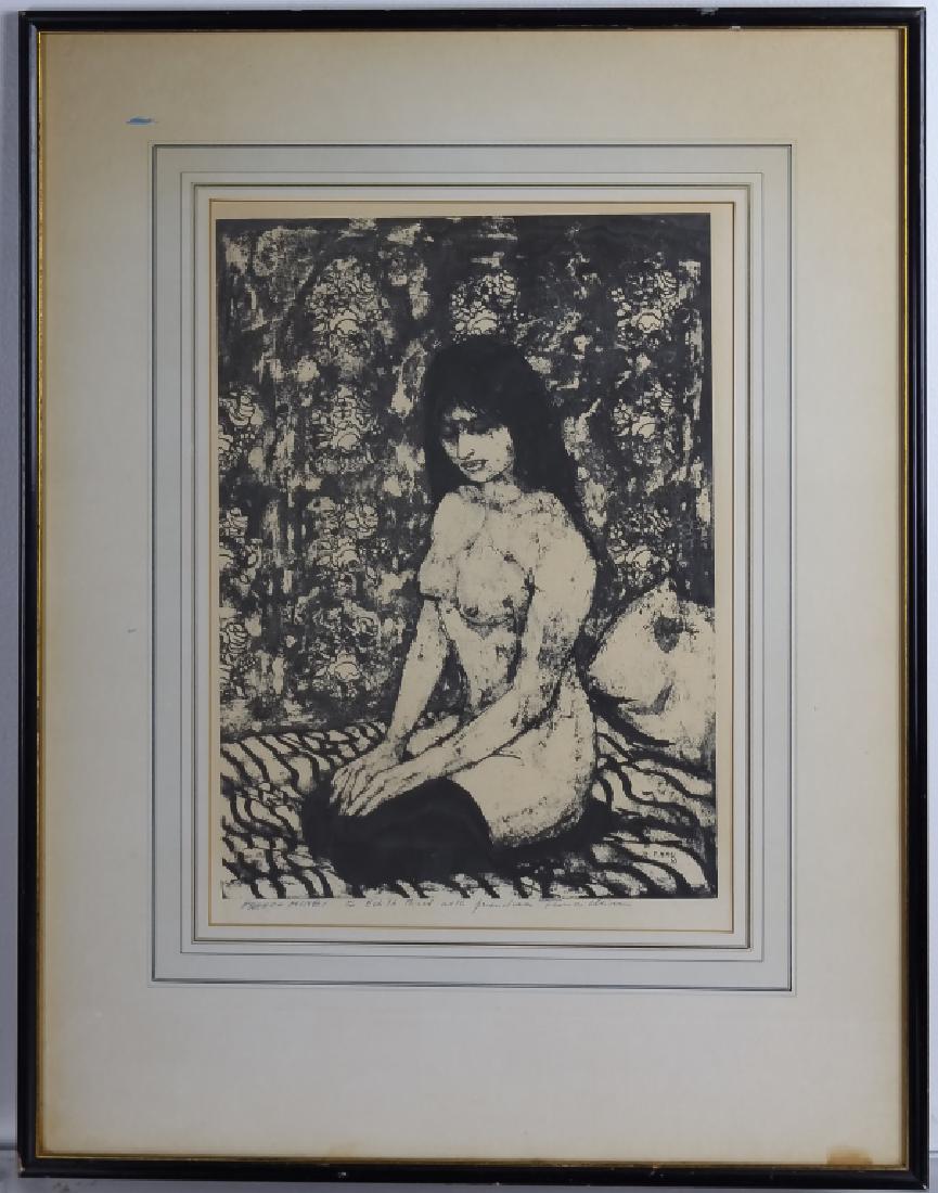Franco Minei b.1922 Italian Female Kneeling Print: Artist signed print by Franco Minei (1922- Italy) Depicts a kneeling female nude in a modernist style. Artist signed and dedicated lower border. Work window measures 16 1/2" x 12" Frame measures 26 3/