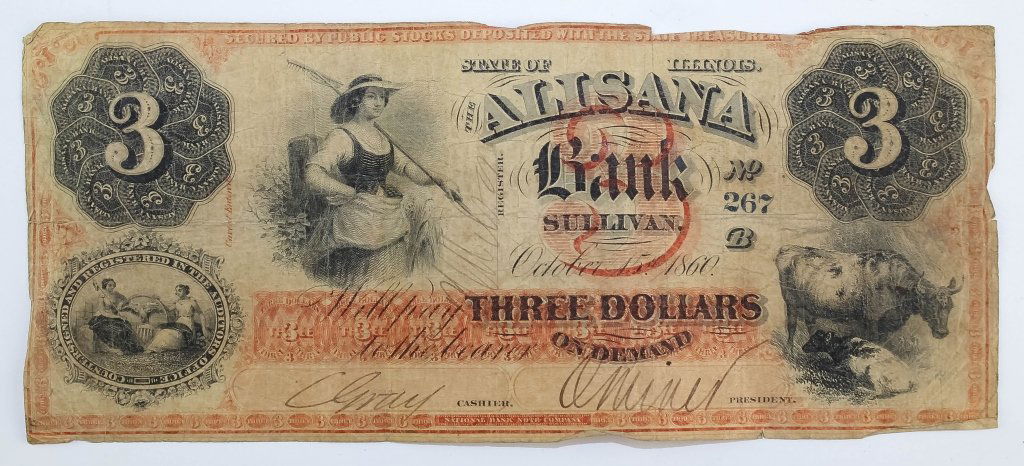 RARE $3 1860 Alisana Bank Sullivan Illinois Note (1 of 3)