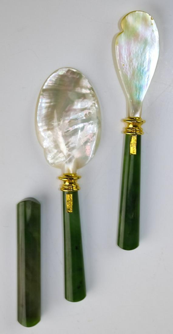 Faberge Sterling Silver Jade Caviar Spoon & Knife (1 of 8)
