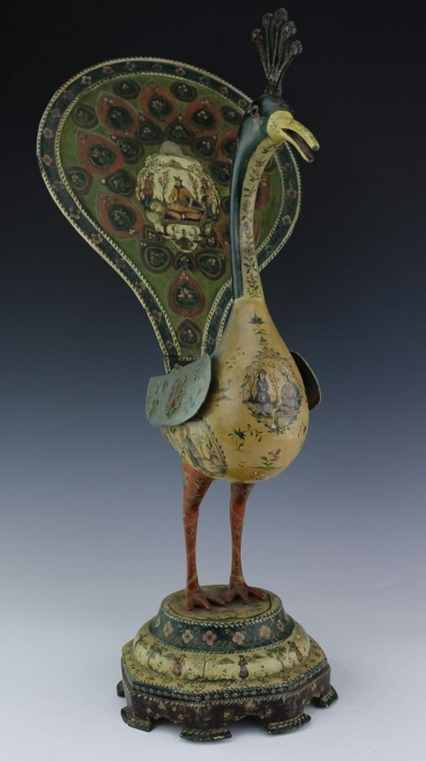 19th C Qajar Ottoman Persian Painted Metal Peacock (1 of 8)