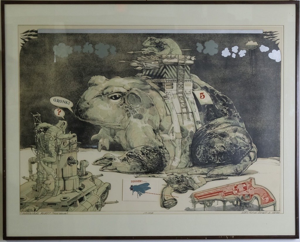 Robert Allen Nelson American Surreal Frog Artwork: Robert Allen Nelson (born 1925) American, original mixed media artwork. Features the work title: "Hannibal Bufo" (Frog Series) 151 MP. Depicts a surrealist scene with applied image of a red gun and a 