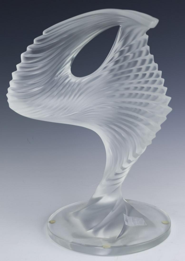 Lalique French Art Glass Moyen Modele Sculpture: Modernist art glass sculpture by Lalique France Moyen Modele Trophy. Crafted of fine quality French crystal. Features a modernist twist staircase design. Signed Lalique France. Good condition with no 