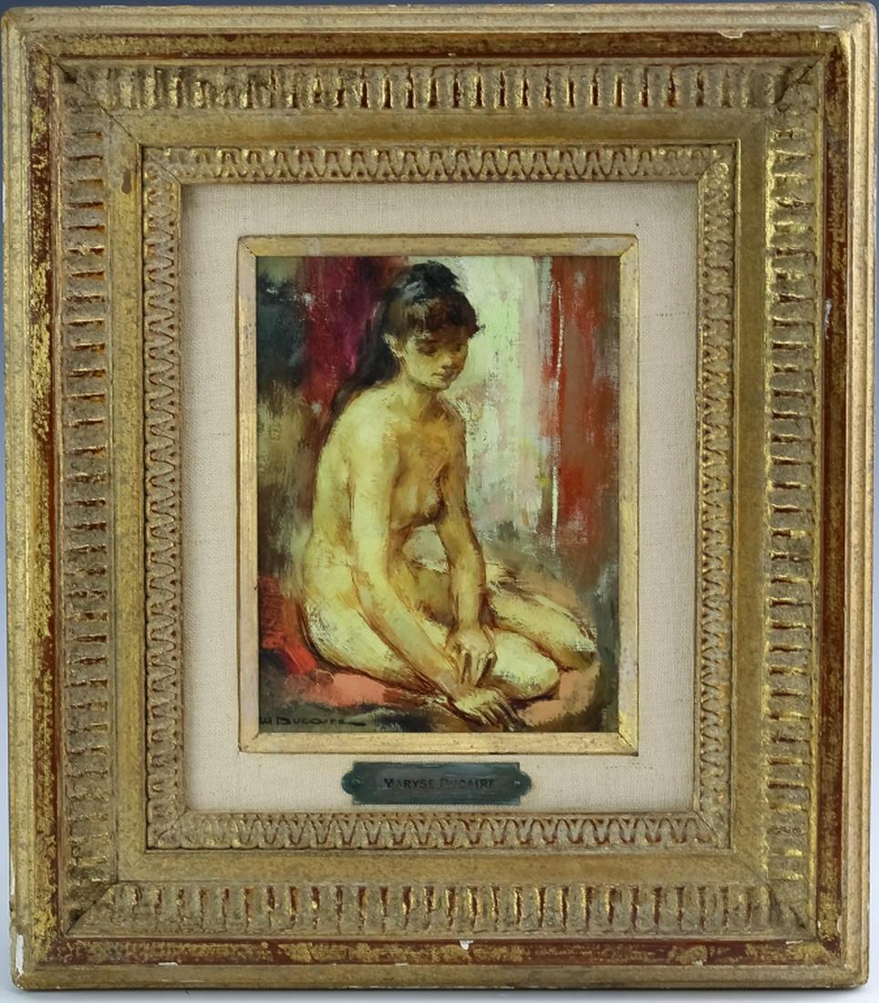 Maryse Ducaire-Rogue Nude Painting Wally Findlay: Maryse Ducaire-Rogue (1911 - 1992) French, oil on canvas painting. Depicts the image of a woman seated in the nude. Signed lower left. Sight measures 6 3/8" x 4 7/8". Housed in frame measuring 23" x 2