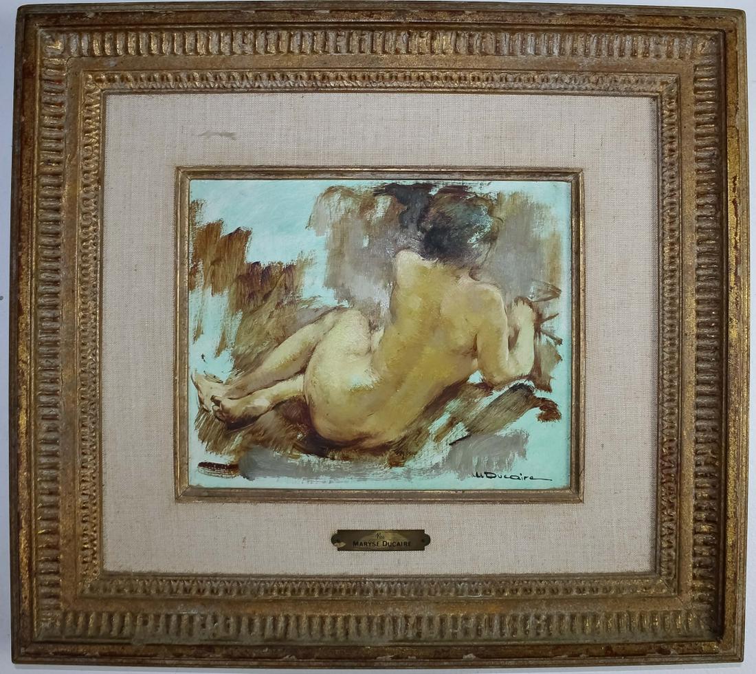 Maryse Ducaire-Rogue Nude Painting Wally Findlay: Maryse Ducaire-Rogue (1911 - 1992) French, oil on canvas painting. Depicts a nude woman with her nude back facing the viewer. Signed lower right. Wally Findlay Gallery label on verso. Sight measures 8