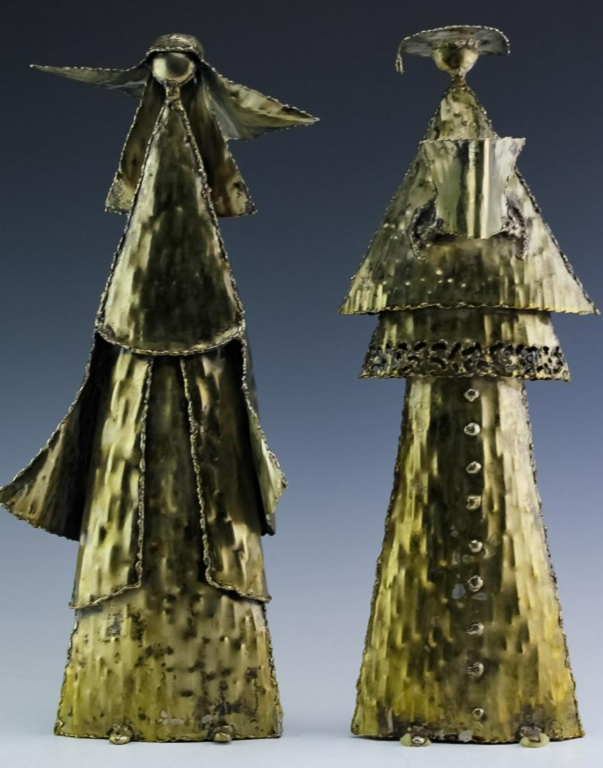 Marcello Fantoni Brutalist Priest & Nun Sculpture: Marcello Fantoni brutalist nun and priest sculpture. Features brutalist renditions of a priest and nun. Signed on base, reads Fantoni Firenze Italy Raymore. Measures 19" x 7" x 8". Good overall condit