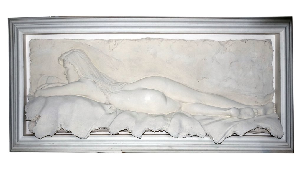 Bill Mack b1949 American Female Nude Art Sculpture: Signed limited edition bonded sand sculpture by Bill Mack (1949- Minnesota) "Contemplation" depicts a reclining female nude as viewed from the rear. Housed in a deep relief white frame. Artist signatu