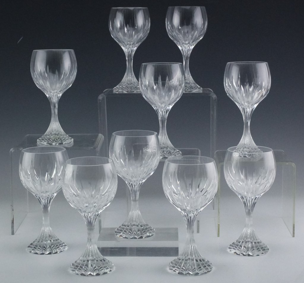 10 Baccarat Massena Crystal Claret Wine Glasses: Set of 10 Baccarat French crystal claret wine stems. Features the Massena pattern with deep vertical cuts and heavy base. Measures 6 1/2" tall. Good overall condition with no damage to note. In house,