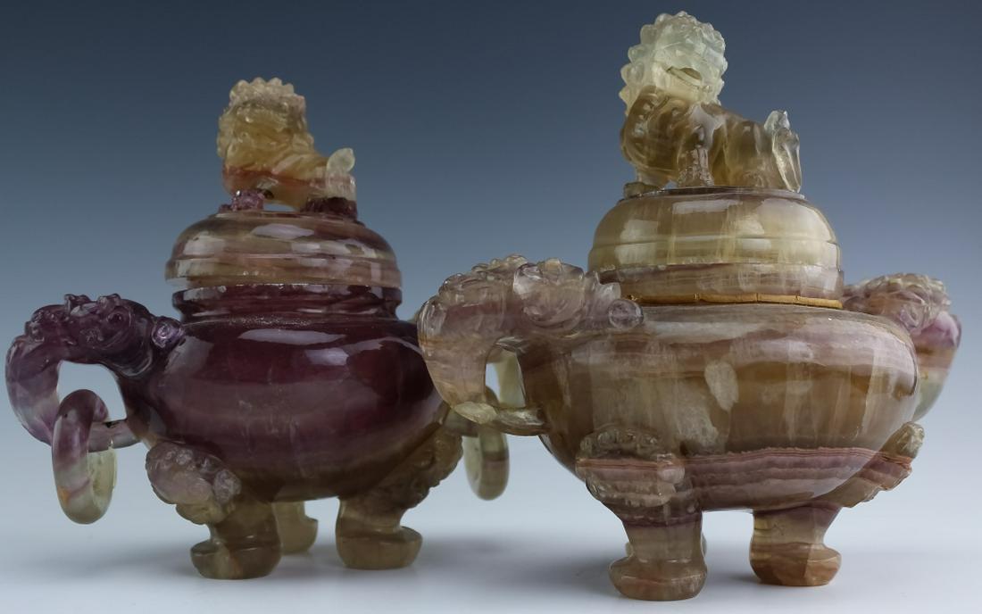 Chinese PAIR Carved Fluorite Foo Dog Lidded Jars (1 of 6)