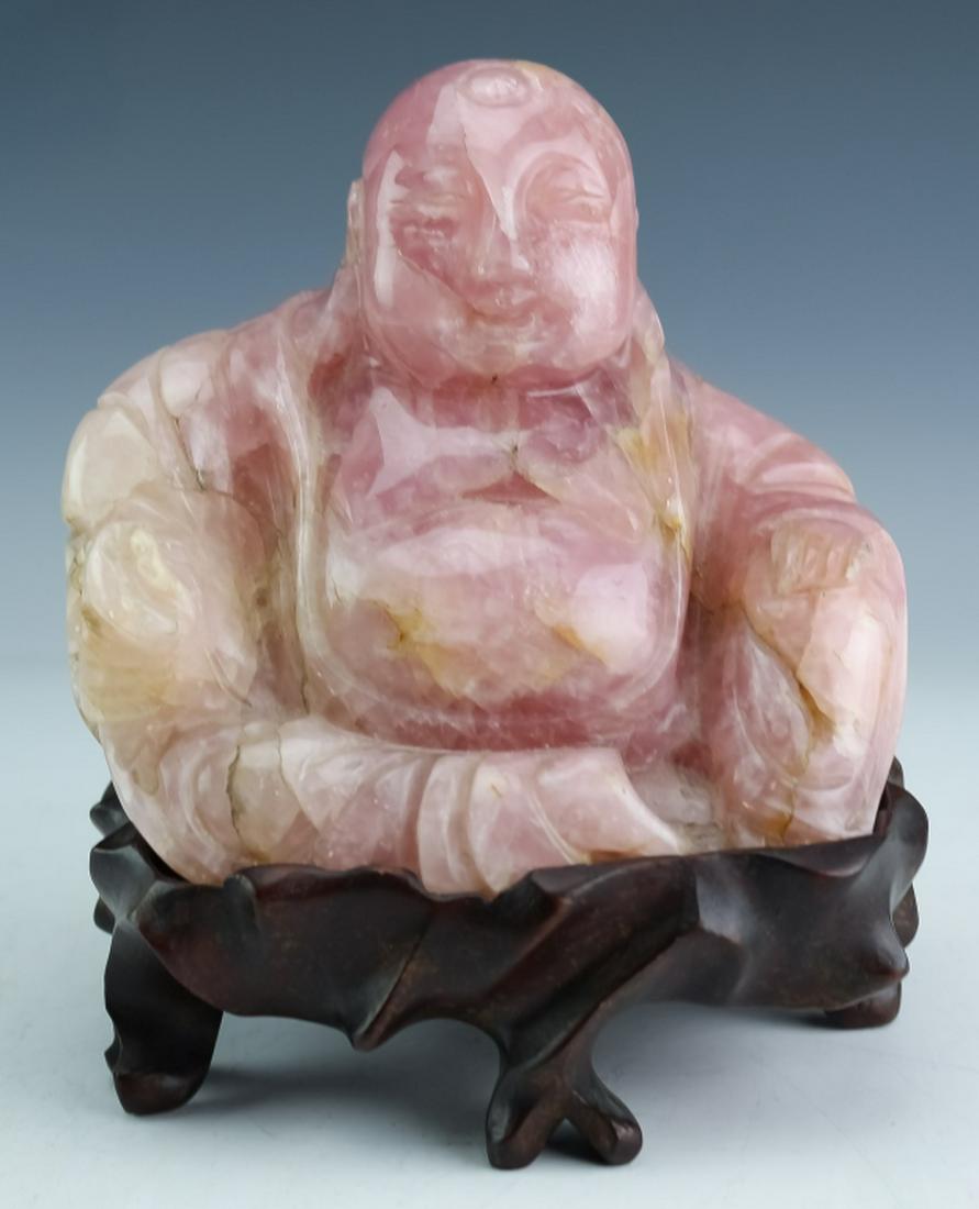 Chinese Hand Carved Pink Rose Quartz Buddha Statue (1 of 3)