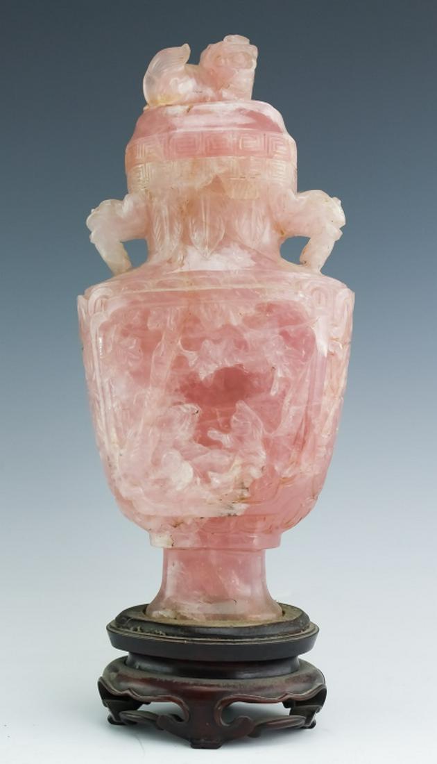 Old Chinese Carved Pink Rose Quartz Lidded Urn Jar (1 of 6)