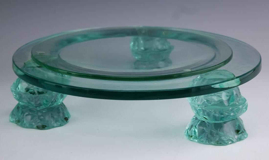 Rare Salvatore Polizzi Art Glass Centerpiece Bowl: Salvatore Polizzi art glass footed centerpiece. Features a chipped ice style feet with graduated glass bowls in the center. Signed on rim. Measures 3" x 11" x 11". Good overall condition with no damag