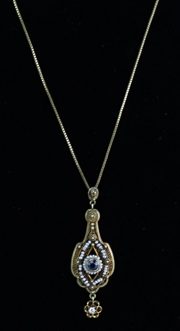 Art Deco 14K Sapphire Seed Pearl Filigree Necklace (1 of 7)