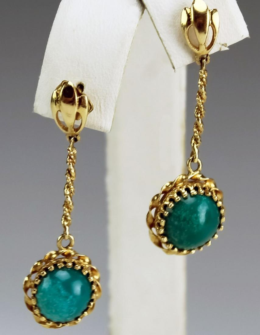 14K Gold Green Turquoise Dangle Drop Earrings VTG (1 of 5)