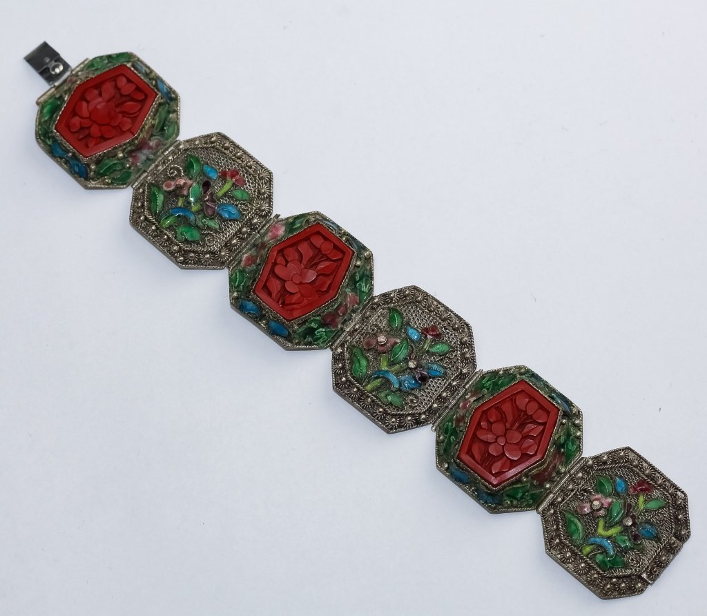 Chinese Silver Tone, Enamel & Cinnabar Bracelet (1 of 6)
