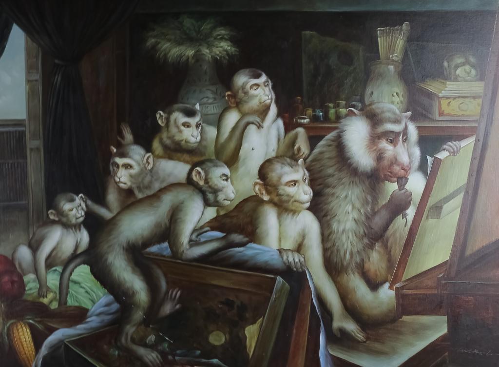 Signed Modern Surrealism Primate Monkey Oil Painting (1 of 5)