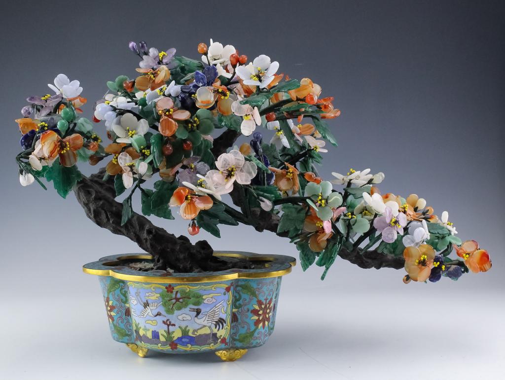 Chinese Floral Jade Tree w/ Cloisonne Flower Pot (1 of 6)