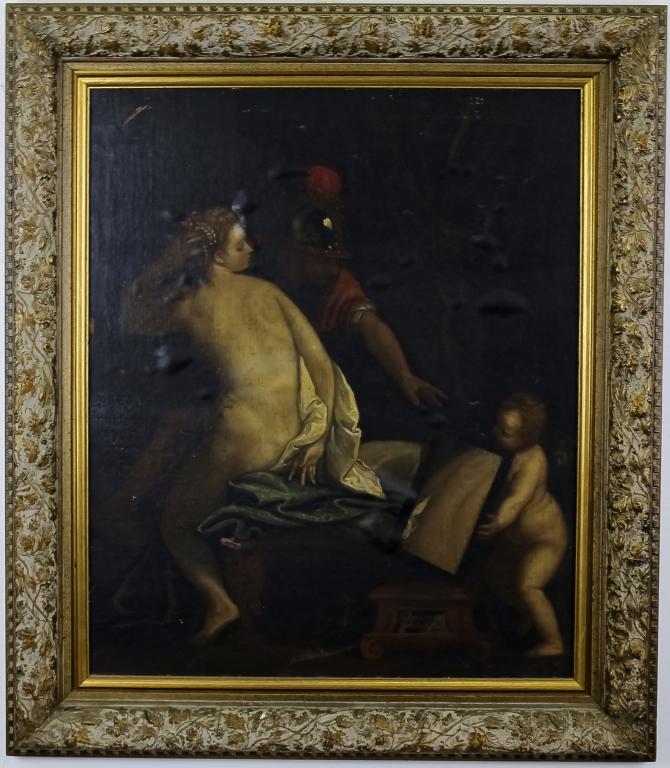 Antique Nude Woman w/ Soldier & Baby Oil Painting: Old oil on canvas laid to board painting. Features an old canvas painting stabilized and mounted to board. Depicts the image of a nude woman with a soldier behind her and a child holding a mirror in h